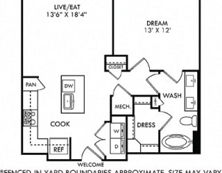 Wright with Fenced-in Yard 1 bedroom floor plan apartment with L-shaped kitchen with island and pantry cabinet, open to living-flex space, hall closet, bath with 2 sinks and 2 walk-in closets. balcony