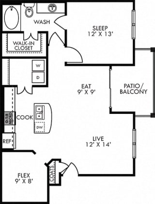 Pecan. 1 bedroom apartment. Kitchen with island open to living/dinning rooms. 1 full bathroom. Walk-in closet. Flex room/den. Patio/balcony.