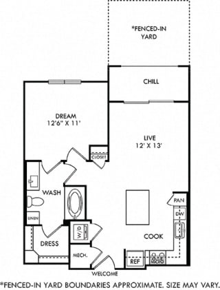 Hamer with Fenced-in Yard, 1 Bedroom apartment floorplan. in-unit stacked washer/dryer, Lshaped kitchen with island open to Living area. hallway closet, 1 bathroom with linen cabinet and walk-