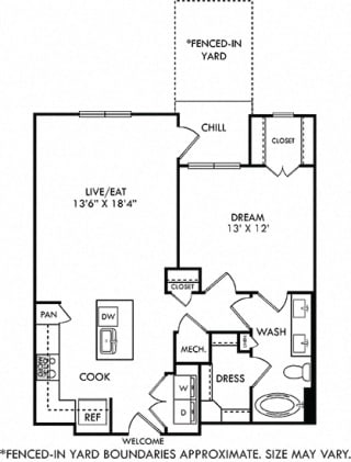 Wright with Fenced-in Yard 1 bedroom floor plan apartment with L-shaped kitchen with island and pantry cabinet, open to living-flex space, hall closet, bath with 2 sinks and 2 walk-in closets. balcony