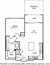 Hamer with Fenced-in Yard, 1 Bedroom apartment floorplan. in-unit stacked washer/dryer, Lshaped kitchen with island open to Living area. hallway closet, 1 bathroom with linen cabinet and walk-