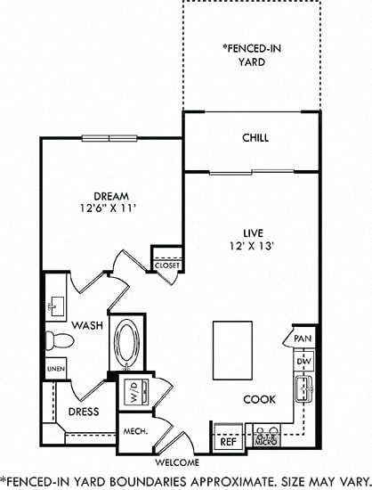 Hamer with Fenced-in Yard, 1 Bedroom apartment floorplan. in-unit stacked washer/dryer, Lshaped kitchen with island open to Living area. hallway closet, 1 bathroom with linen cabinet and walk-