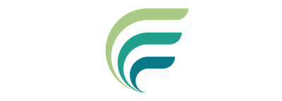 A logo with a green and blue design.