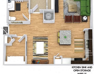 Merlin 3D. 1 bedroom apartment. Kitchen with island open to living/dinning rooms. 1 full bathroom. Walk-in closet. Patio/balcony.