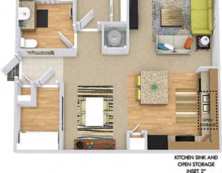 Wren 3D. 1 bedroom apartment. Kitchen with island open to living/dinning rooms. 1 full bathroom. Walk-in closet. Patio/balcony.