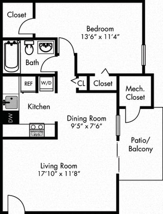 Brookhaven 1 bedroom apartment. Kitchen with in-unit laundry. dining-living area. 1 full bath. walk-in closet. patio/balcony