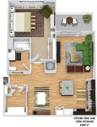 Merlin 3D. 1 bedroom apartment. Kitchen with island open to living/dinning rooms. 1 full bathroom. Walk-in closet. Patio/balcony.