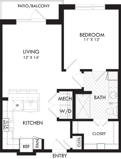 Utopia 1 Bedroom, 1 Bath. Kitchen with Peninsula island. Washer/Dryer. Bath with Standalone Shower. Patio/Balcony