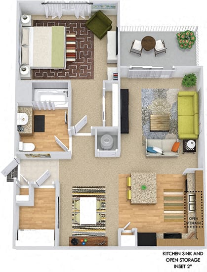 Wren 3D. 1 bedroom apartment. Kitchen with island open to living/dinning rooms. 1 full bathroom. Walk-in closet. Patio/balcony.