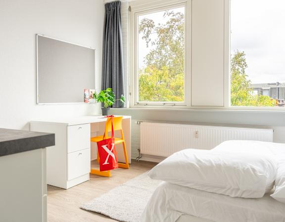 A white bedroom with a bed, a cabinet, a window, and a plant.