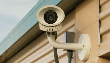 A security camera is mounted on a building.