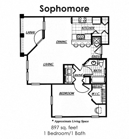 Floor Plan  Sophmore Floorplan, 1 Bedroom, 1 Bath, 897 Square Feet