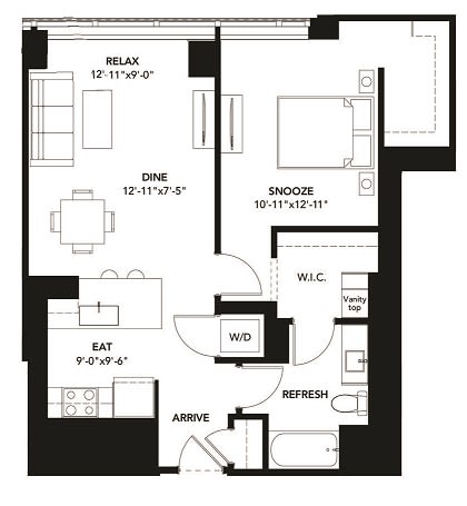 1 Bad 1 Bath Floor Plan with 835 Sq. Ft. at The Elle Apartments, Chicago, Illinois