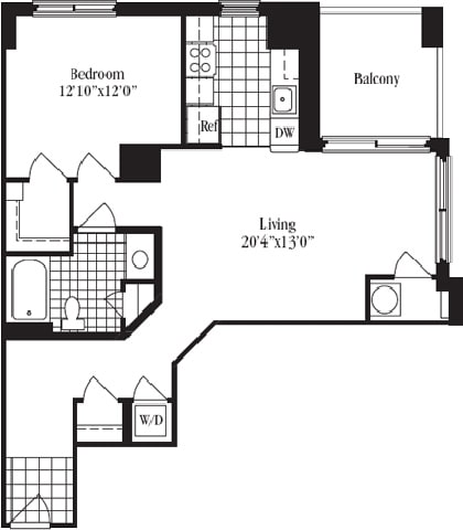 1 Bed 1 Bath floorplan for The Bluemont, at Wentworth House,North Bethesda, Maryland