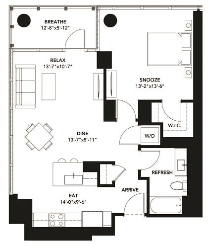 1 Bad 1 Bath Floor Plan with 840 Sq. Ft. at The Elle Apartments, Chicago