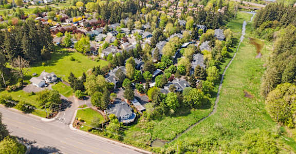 A bird's eye view of a residential neighborhood with houses and trees.