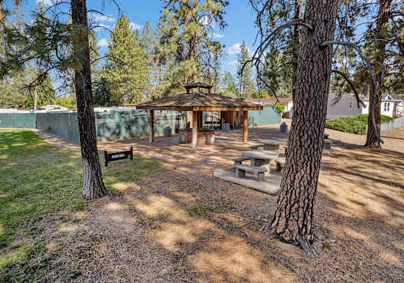 a picnic area with a picnic table and a gazebo