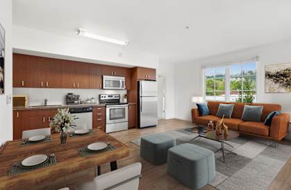 a living room with a couch and a table
