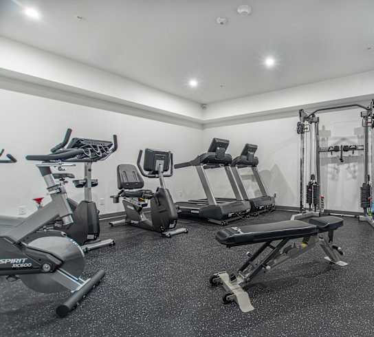 a gym with treadmills and other exercise equipment and a tv