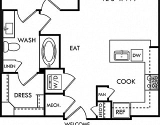 Armstrong 1 Bedroom apartment floor plan. Entry closet, kitchen with peninsula island and pantry, open to living space, 1 bathroom with linen cabinet and walk-in closet. in-unit laundry, b