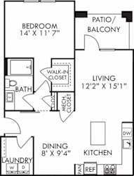 The Allen. 1 bedroom apartment. Kitchen with island open to living/dinning rooms. 1 full bathroom. Walk-in closet. Patio/balcony.