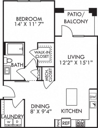 The Allen. 1 bedroom apartment. Kitchen with island open to living/dinning rooms. 1 full bathroom. Walk-in closet. Patio/balcony.