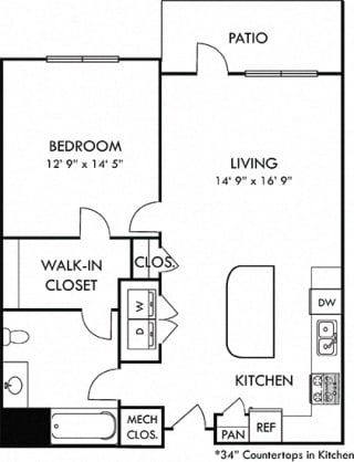Meredith. 1 bedroom apartment. Kitchen with island open to living room. 1 full bathroom. Walk-in closet. Patio/balcony.