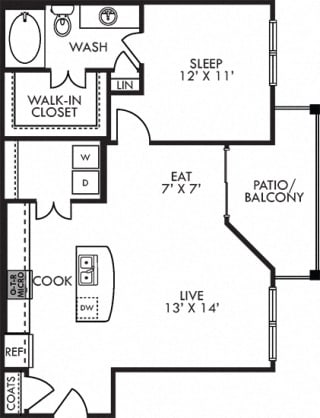 Longhorn. 1 bedroom apartment. Kitchen with island open to living/dinning rooms. 1 full bathroom. Walk-in closet. Patio/balcony.