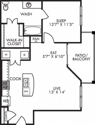 The Mockingbird. 1 bedroom apartment. Kitchen with island open to living/dinning rooms. 1 full bathroom. Walk-in closet. Patio/balcony.