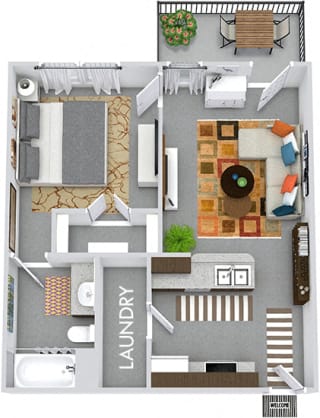 Trevino 3D 1 bedroom apartment. Kitchen with bartop open to living room. 1 full bath. Large walk-in closet. Patio/balcony.