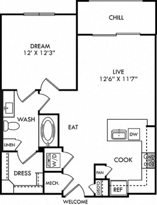 Armstrong 1 Bedroom apartment floor plan. Entry closet, kitchen with peninsula island and pantry, open to living space, 1 bathroom with linen cabinet and walk-in closet. in-unit laundry, b