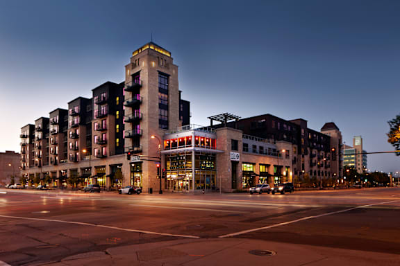 a night view of a building on a city street
