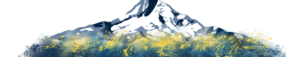 a painting of a mountain with yellow flowers