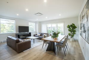 a living room with couches and a table and a television