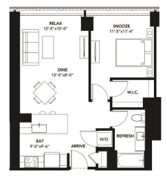 1 Bad 1 Bath Floor Plan with 724 Sq. Ft. at The Elle Apartments, Chicago