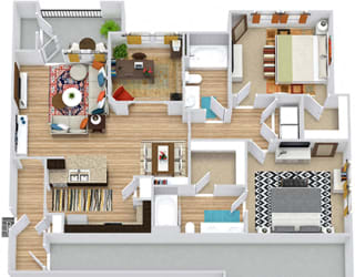 Brazos with Attached Garage 3D. 2 bedroom apartment + study room. Kitchen with bartop open to living/dinning rooms. 2 full bathrooms, double vanity in master. Walk-in closets. Patio/balcony.