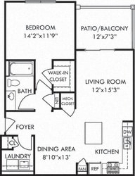The Falcon. 1 bedroom apartment. Kitchen with island open to living/dinning rooms. 1 full bathroom. Walk-in closet. Patio/balcony.