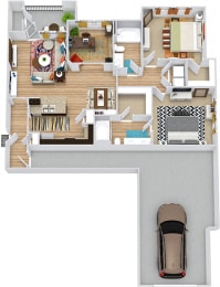 Brazos with Attached Garage 3D. 2 bedroom apartment + study room. Kitchen with bartop open to living/dinning rooms. 2 full bathrooms, double vanity in master. Walk-in closets. Patio/balcony.