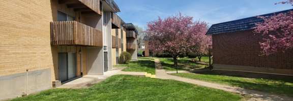 A green lawn, trees, and a sidewalk in front of apartment buildings with balconies.