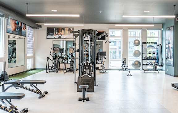 A gym with a variety of equipment including weights and cardio machines.