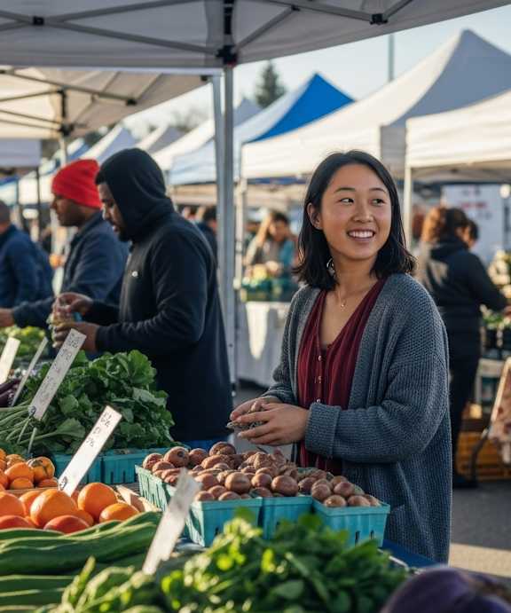 A woman is shopping for vegetables at an outdoor market.
