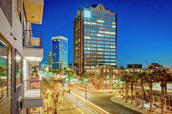A city street at night with palm trees and buildings.