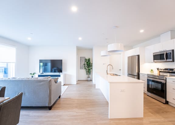 a living room with a kitchen and a dining room