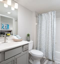 a bathroom with a shower and a toilet and a sink