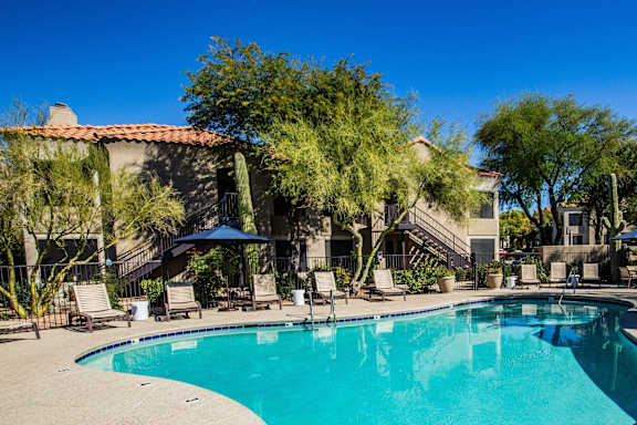 A pool surrounded by chairs and trees.