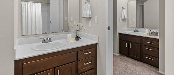 A bathroom with a sink, mirror, and cabinets.