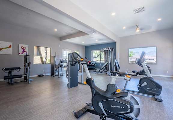 A gym with a variety of equipment including a treadmill, a stationary bike, and a weight bench.