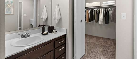 A bathroom with a white sink and a mirror.