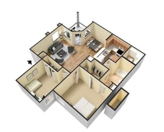 2 Bedroom 1 Bathroom Floor Plan at Pine Harbour, Orlando, FL, 32825