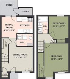  Floor Plan 2-Bedroom, 1-Bath Townhome